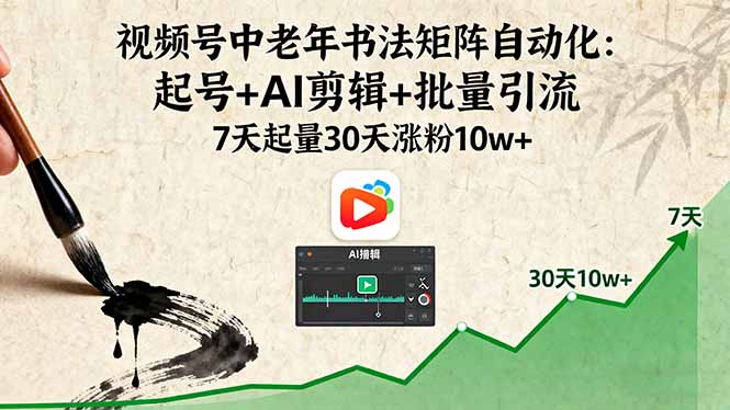 7天暴涨30万播放!AI剪辑+批量引流引爆中老年书法号矩阵(图1) 视频号中老年书法矩阵自动化、起号+AI剪辑+批量引流、7天起量30天涨粉10w+ 相关图片-492